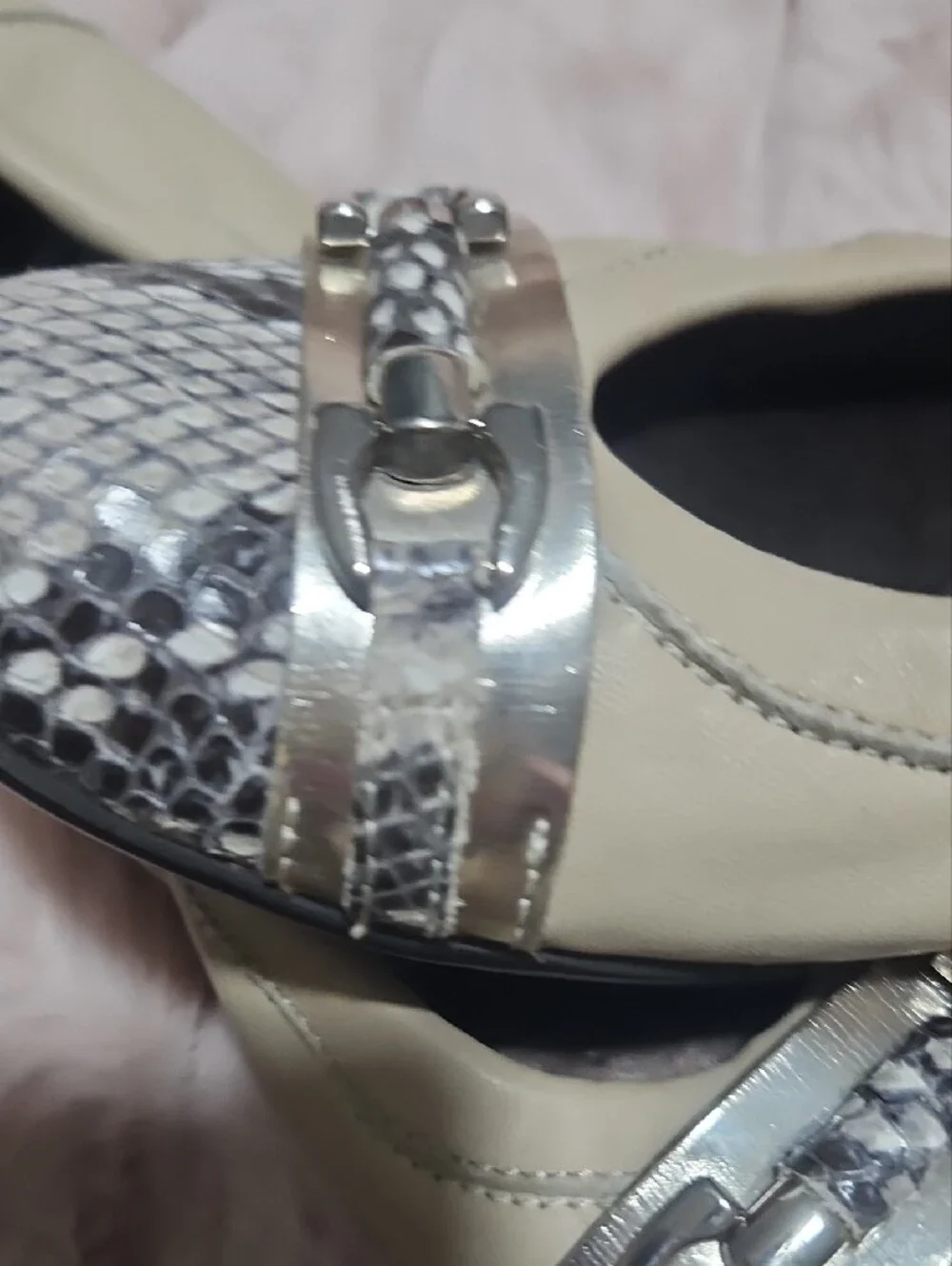 AGL Cream Leather Ballet Flats with Snake-Print Toe and Silver Buckle